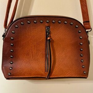 Sam & Hadley Studded Dome Crossbody Bag Vegan Leather Cognac Brown Western Boho